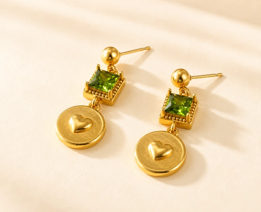 Emerald Heart Drop Earrings 18k Gold Plated