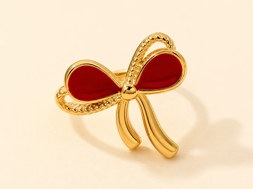Red Enamel Bow Detail Ring 18k Gold Plated