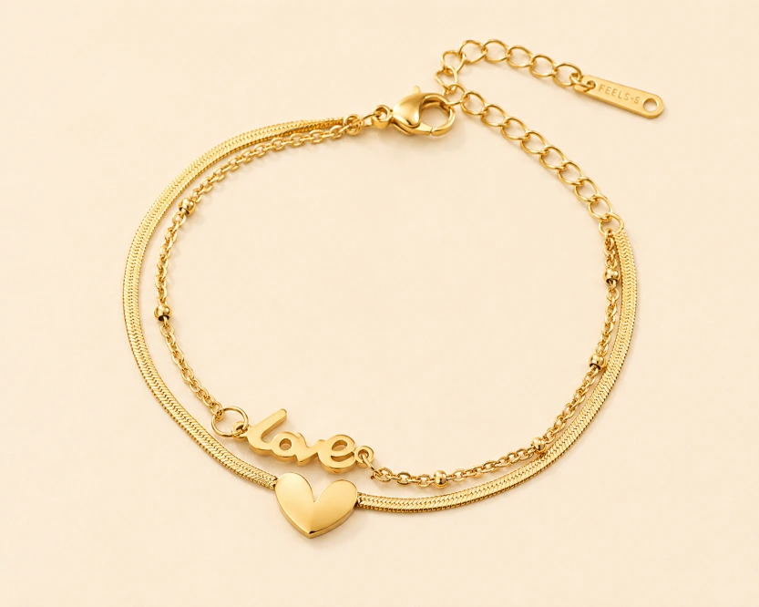 Love Word Heart Layered Bracelet 18k Gold Plated