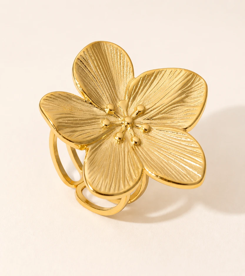 Five Petal Textured Ring 18k Gold Plated