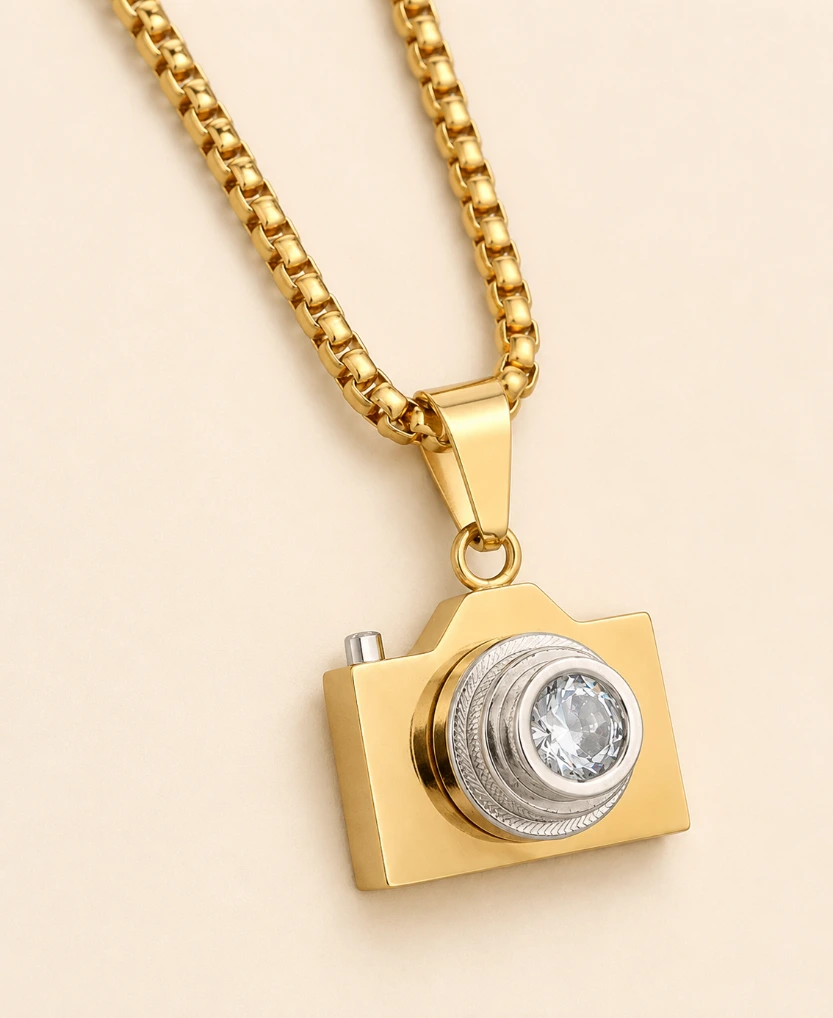 Camera Crystal Pendant 18k Gold Plated