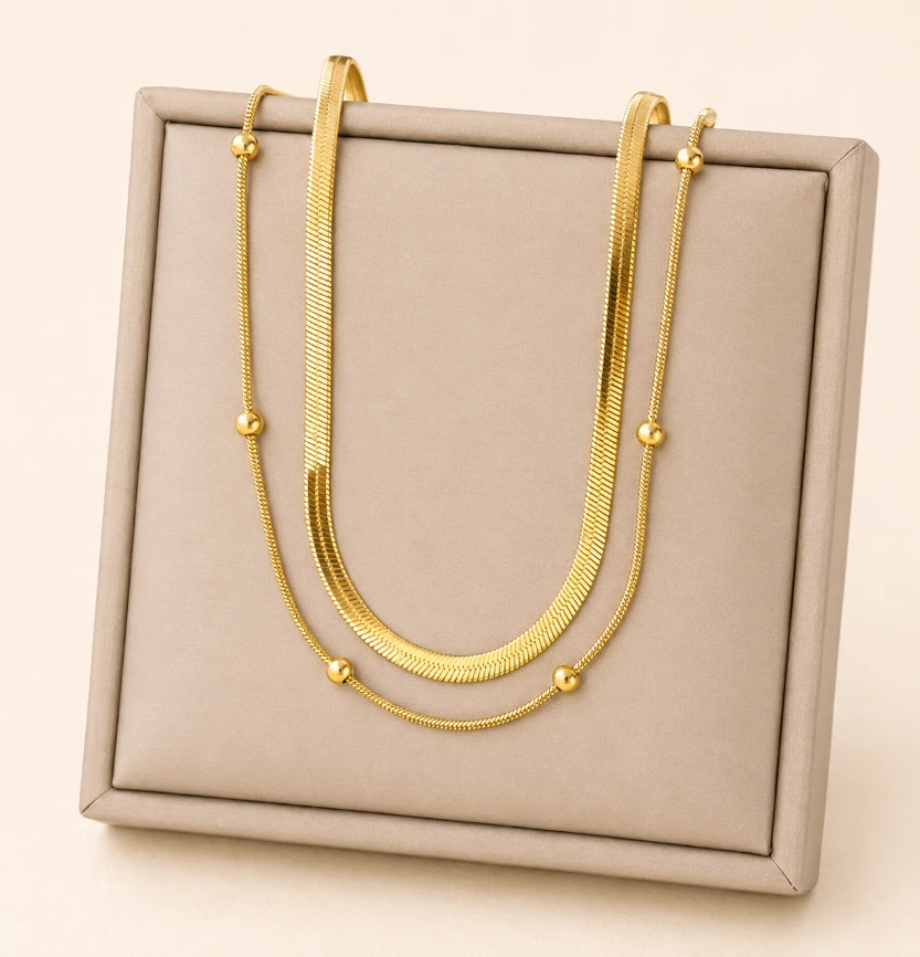Dual Chain Bead Detail Necklace 18k Gold Plated