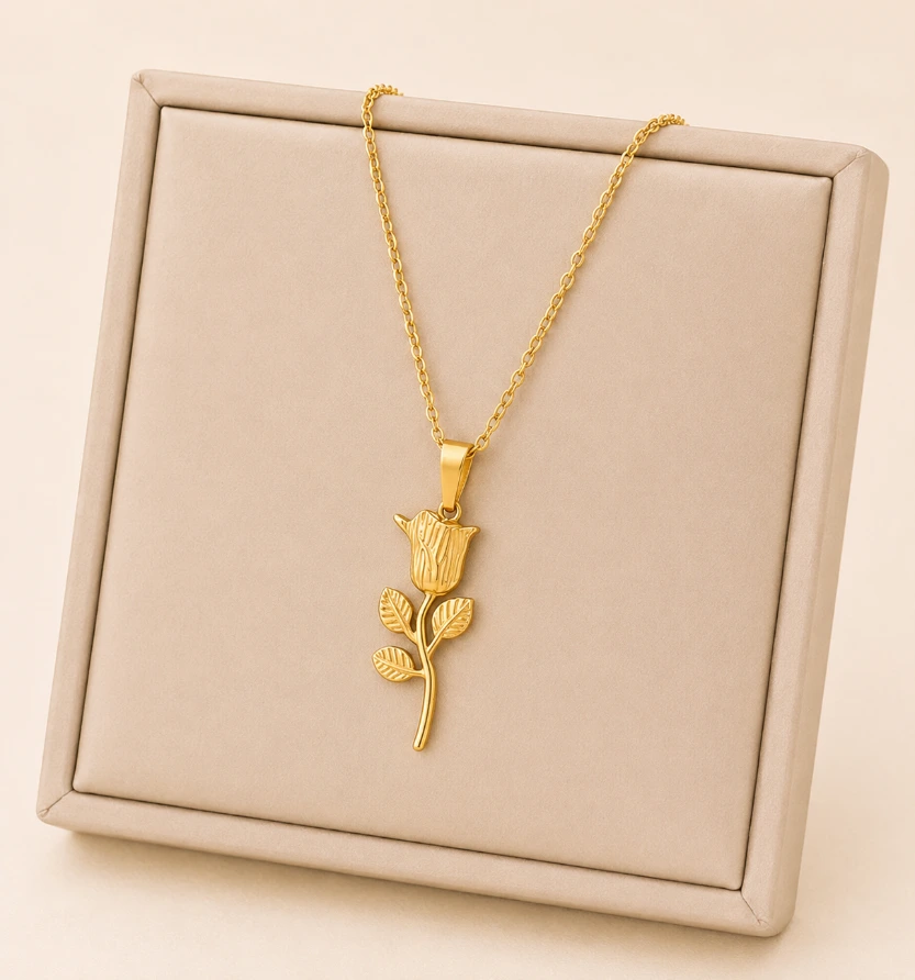 Flower Stem Leaf Pendant 18k Gold Plated