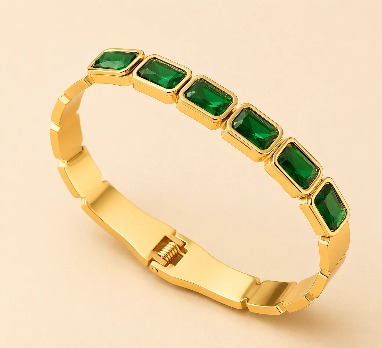 Green Stone Rectangle Link Bracelet 18k Gold Plated
