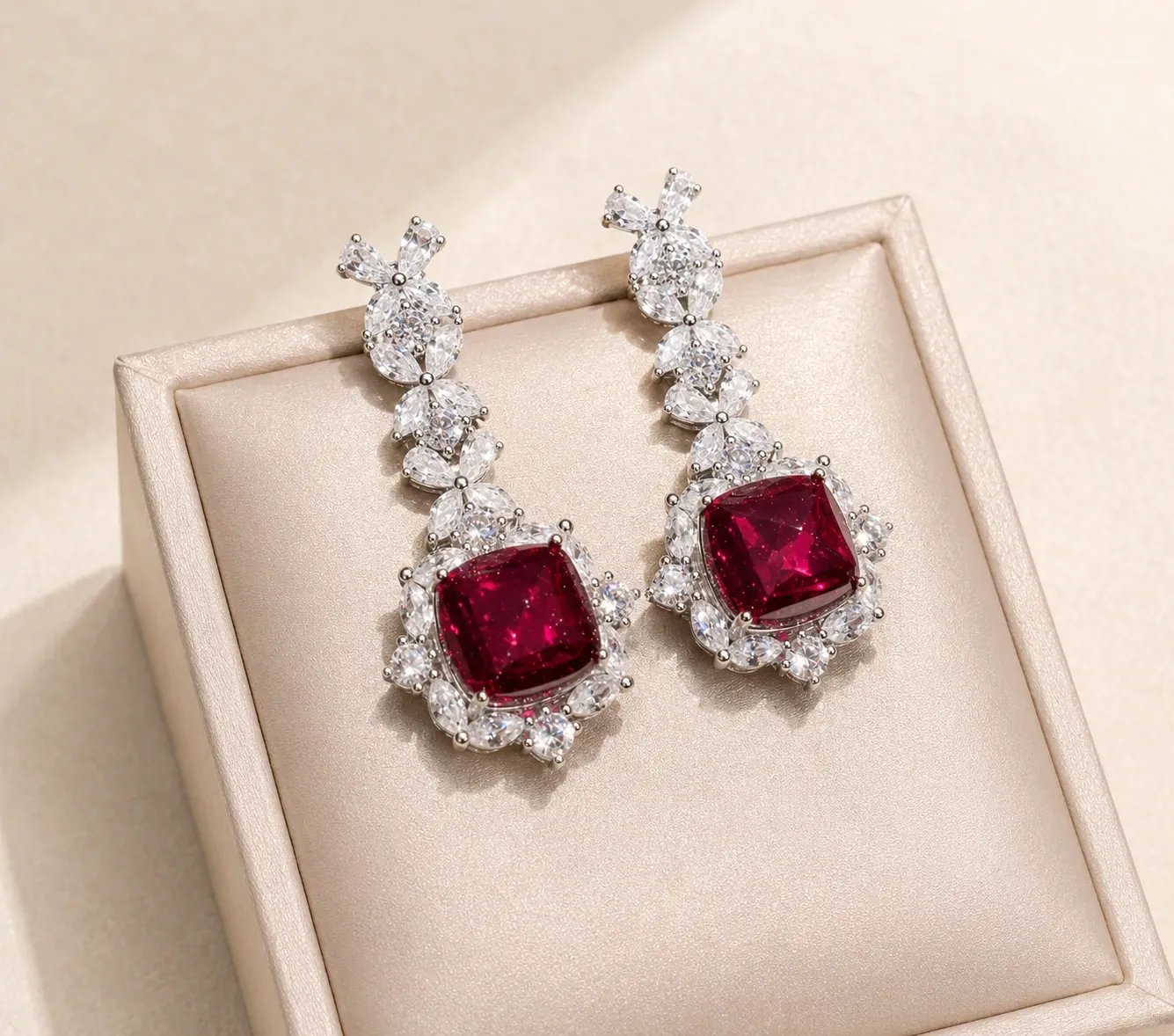 Red Cushion Crystal Drop Earrings