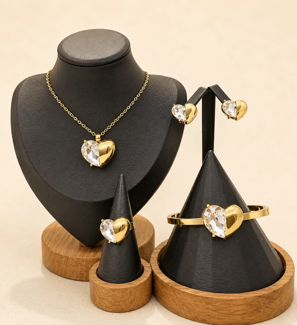Half Crystal Heart Jewellery Set 18k Gold Plated