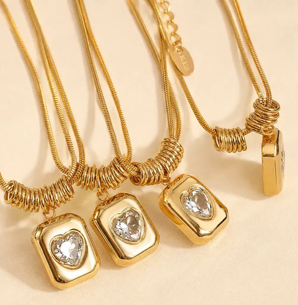 Heart Crystal Rectangle Pendant Necklace 18k Gold Plated