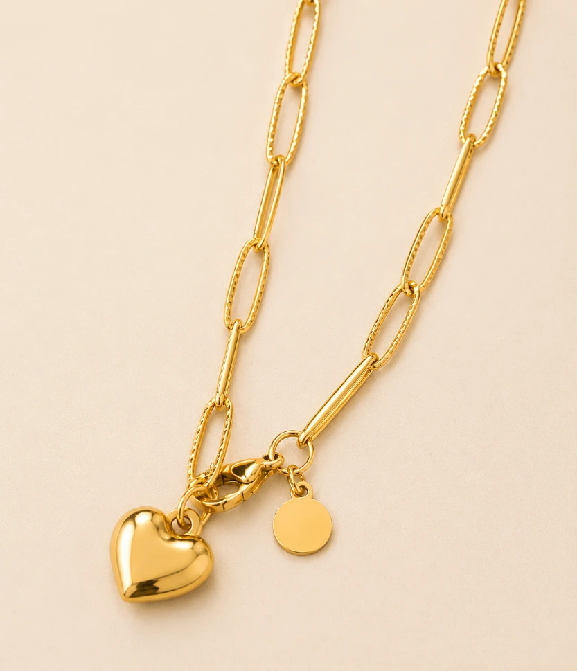 Heart Long Link Necklace 18k Gold Plated