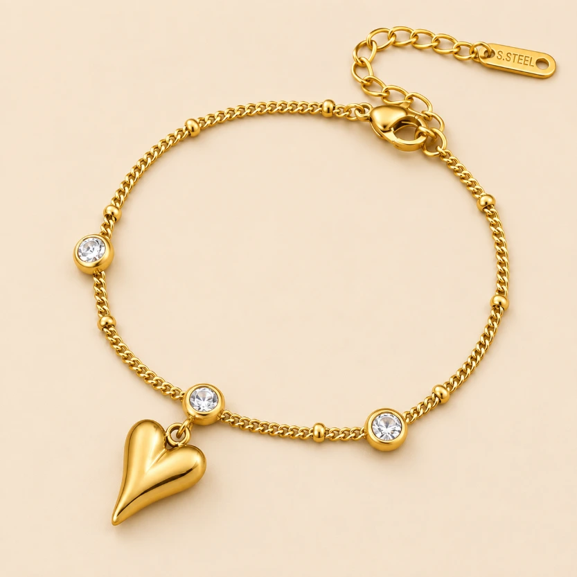 Heart Stone Chain Bracelet 18k Gold Plated