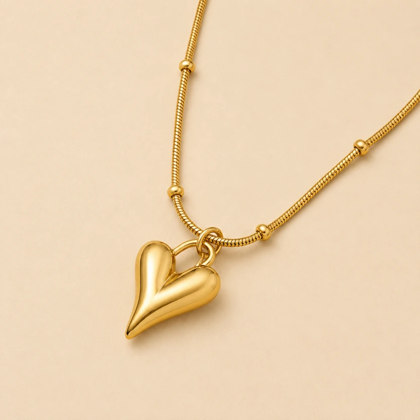 Puffy Heart Snake Chain Pendant 18k Gold Plated