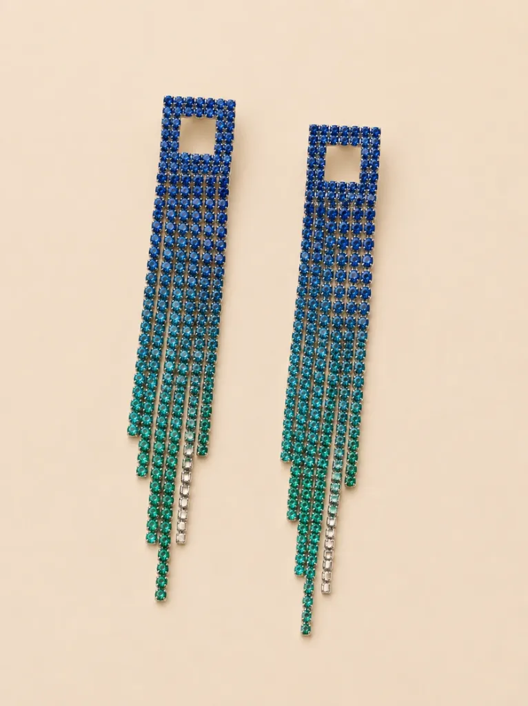 Blue Crystal Rectangle Fringe Earrings