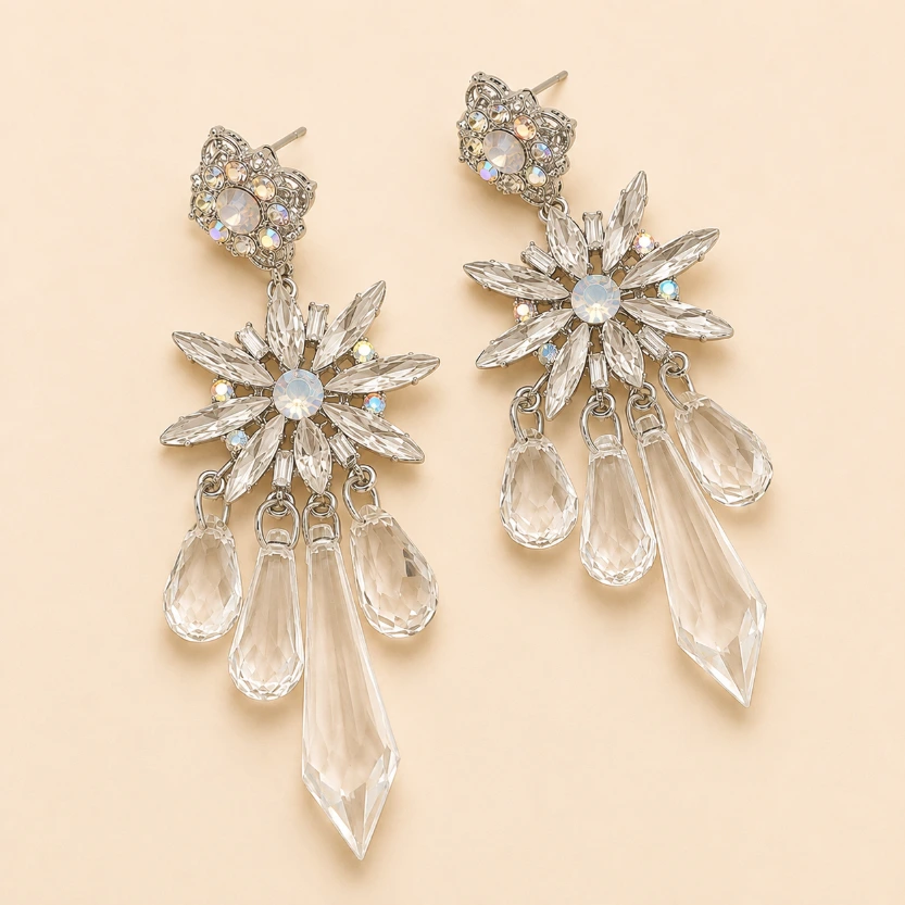 Floral Crystal Cluster Drop Earrings