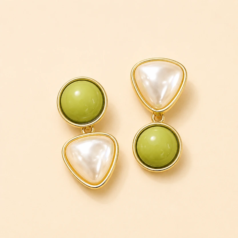 Green Pearl Geometric Drop Earrings
