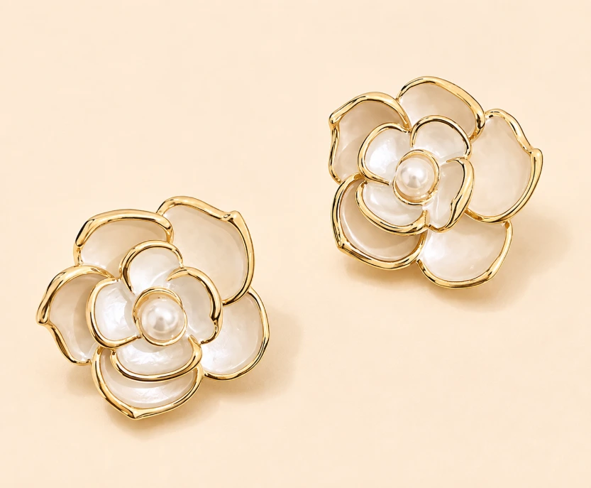 White Flower Pearl Stud Earrings