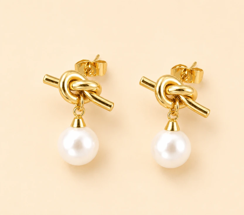 Gold Knot Pearl Ball Drop Earrings 18k Gold Plated