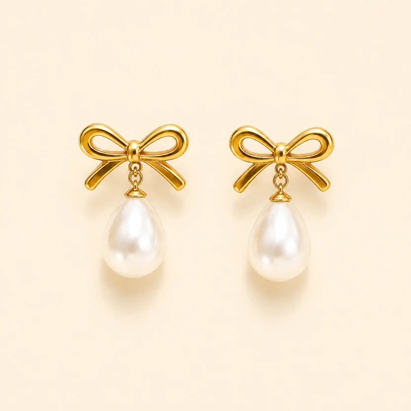 Pearl Bow Shaped Earrings 18k Gold Plated