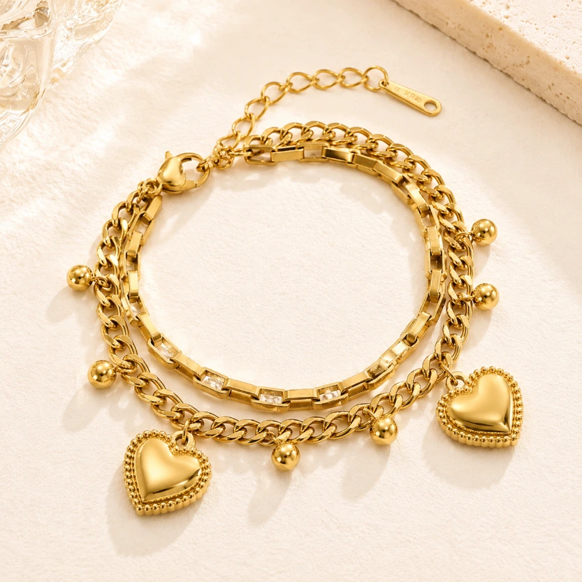 Double Layered Heart Charm 18k Gold Plated Bracelet