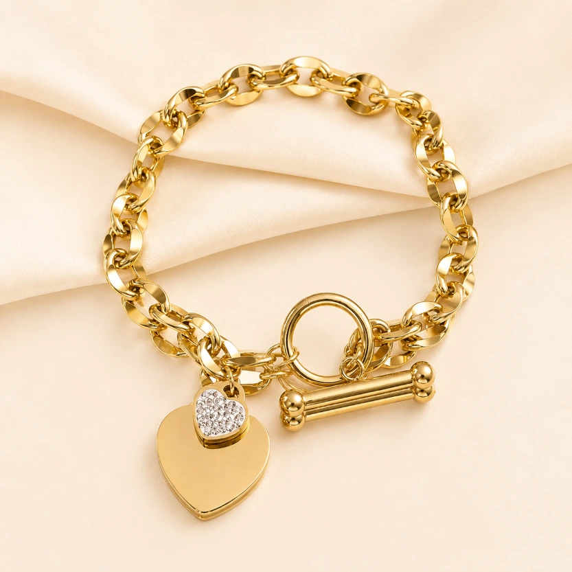 Zircon Inlaid Heart Shaped 18k Gold Plated Bracelet