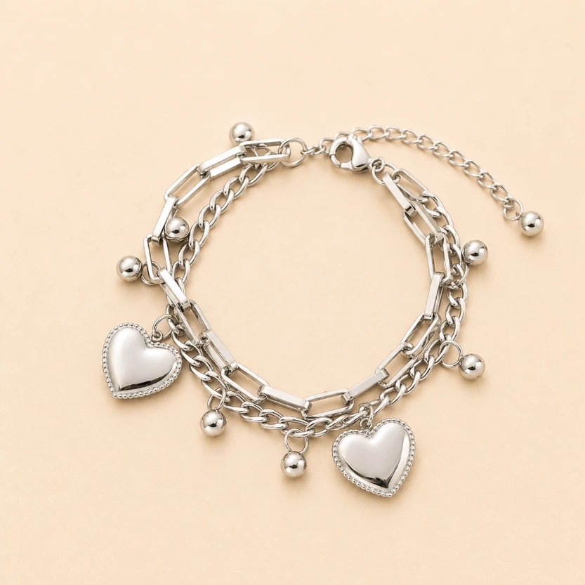 Double Layered Heart Charm 18k Gold Plated Bracelet (Silver)