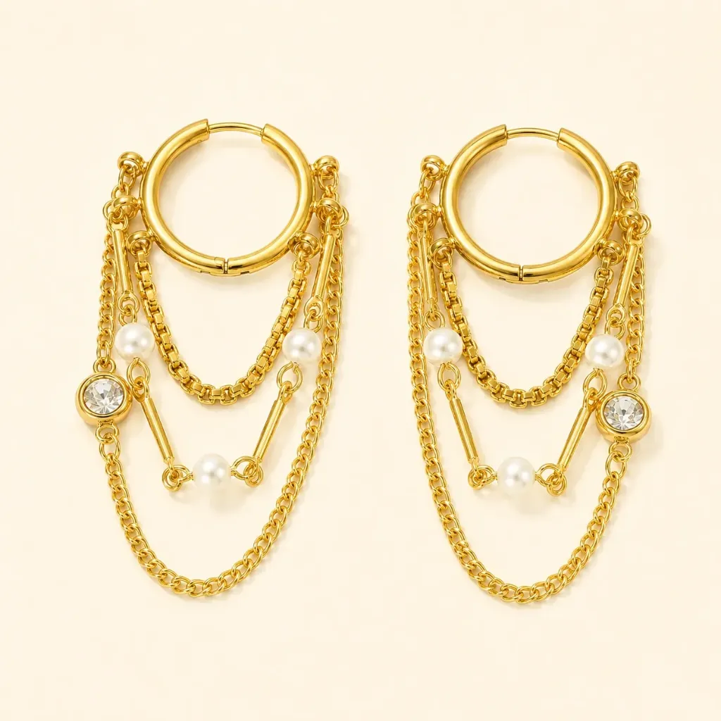 Hoop Chain Crystal Beads 18k Gold Plated Earrings